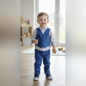 Tommy Hilfiger- Suit set, Blue Vest and Pants Set with Plaid Shirt